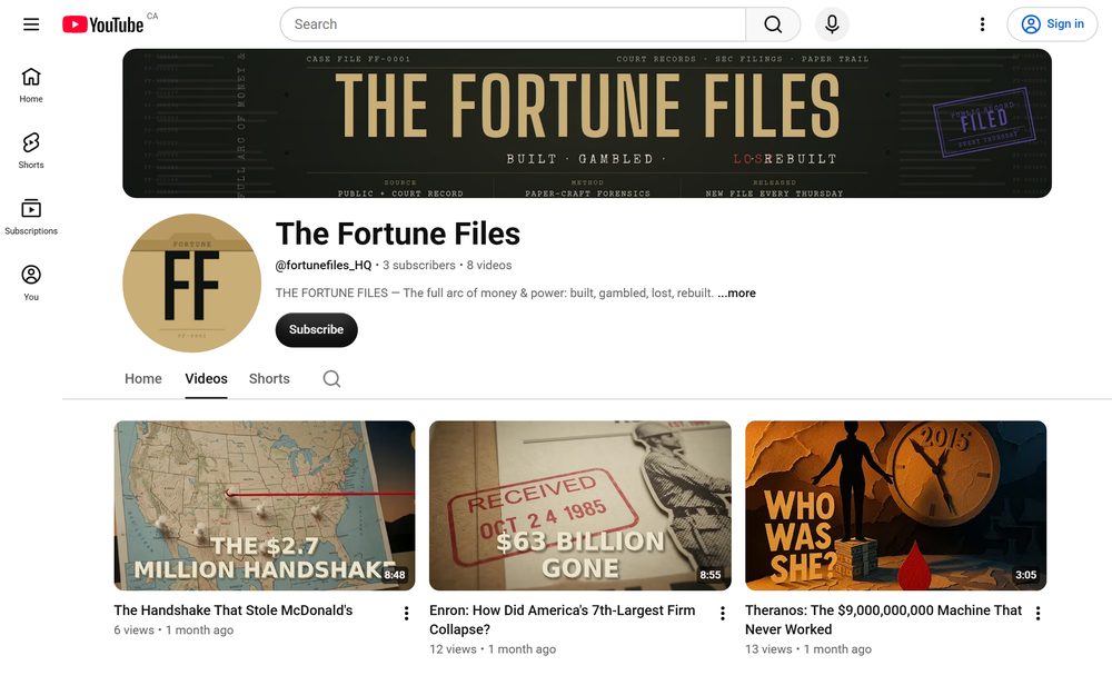 The Fortune Files on YouTube — the full arc of money and power from court records and SEC filings, a new file every Thursday