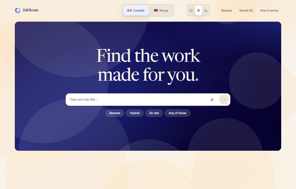 jobscout.page — “Find the work made for you.”: type a job title or attach a résumé, then pick remote, hybrid or on site