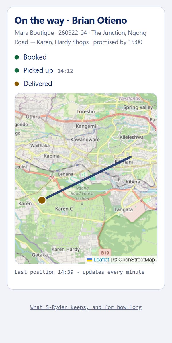 S-Ryder client link — “On the way”: booked, picked up at 14:12, the rider’s route across Nairobi to Karen on a map
