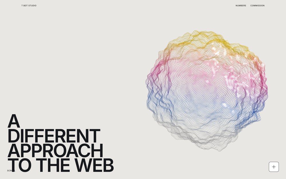 T BOT Studio — “A different approach to the web” beside a drifting point-cloud rendered live on canvas