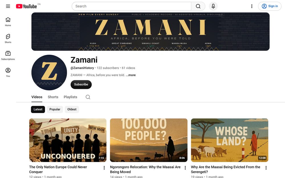 Zamani on YouTube — Africa, before you were told: a new film every Sunday, 61 videos, produced end-to-end by the pipeline